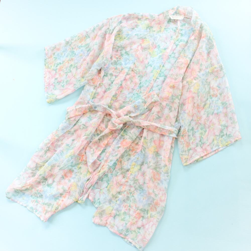 Vintage The Lingerie Collection Sheer Pastel Floral Knit Kimono Robe One Size